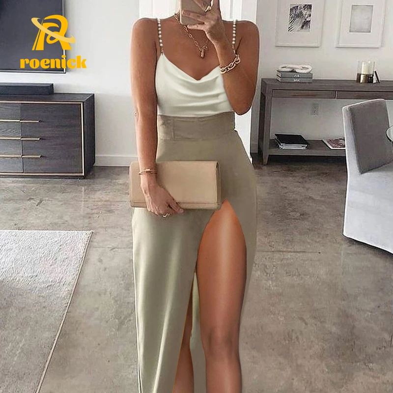 

ROENICK Women Evening Solid Deep-V Strap Dress Female Sexy High Split Slim Beaded Bodycon Vestidos Party Patchwork Sheath Gowns