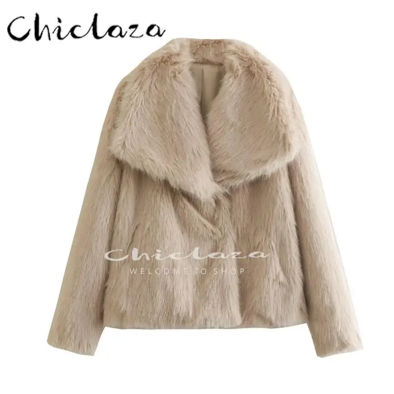 

CHICLAZA 2023 Autumn Winter Women Fashion Leisure Warm Faux Fur Jackets Coat Female Elegant Outwear Top