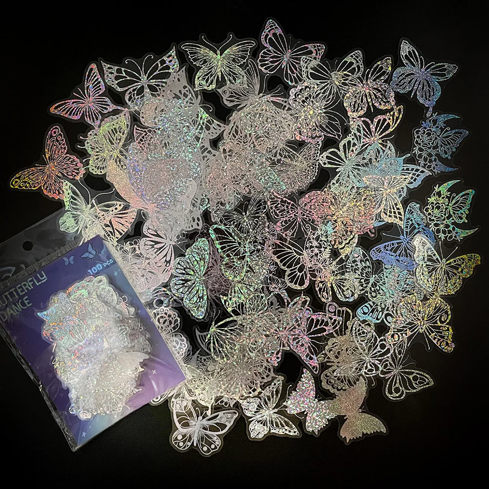 

10/30/50/100pcs Cool Holographic Laser Butterfly Cartoon Stickers Aesthetic Transparent Decals DIY Laptop Guitar Phone Suitcase