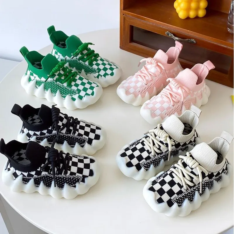 Children's Spring and Autumn New Sports Shoes 2023 Boys and Girls' Checkerboard Mesh Breathable Casual Shoes
