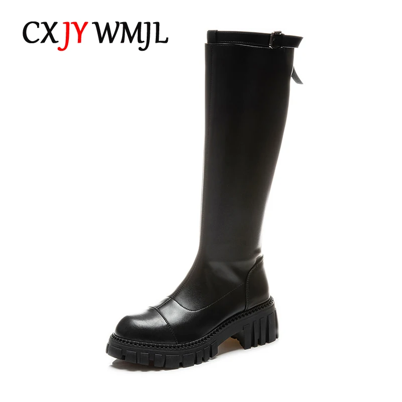 

CXJYWMJL Genuine Leather Autumn Long Boots for Women Thick Sole Back Zipper Knight Boot British Style Ladies Winter Shoes