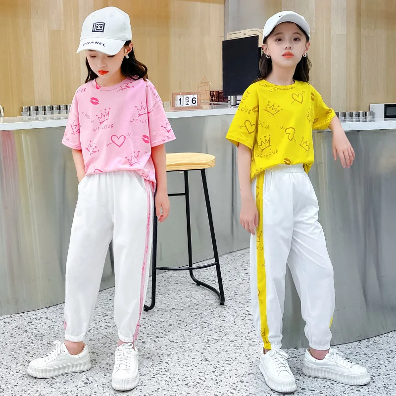 

Girls Clothes Set 2022 Summer Teenage Kids Casual Sport Suit Heart Tshirt Loose Pants Fashion Two-Piece Children Tracksuit 3-13Y