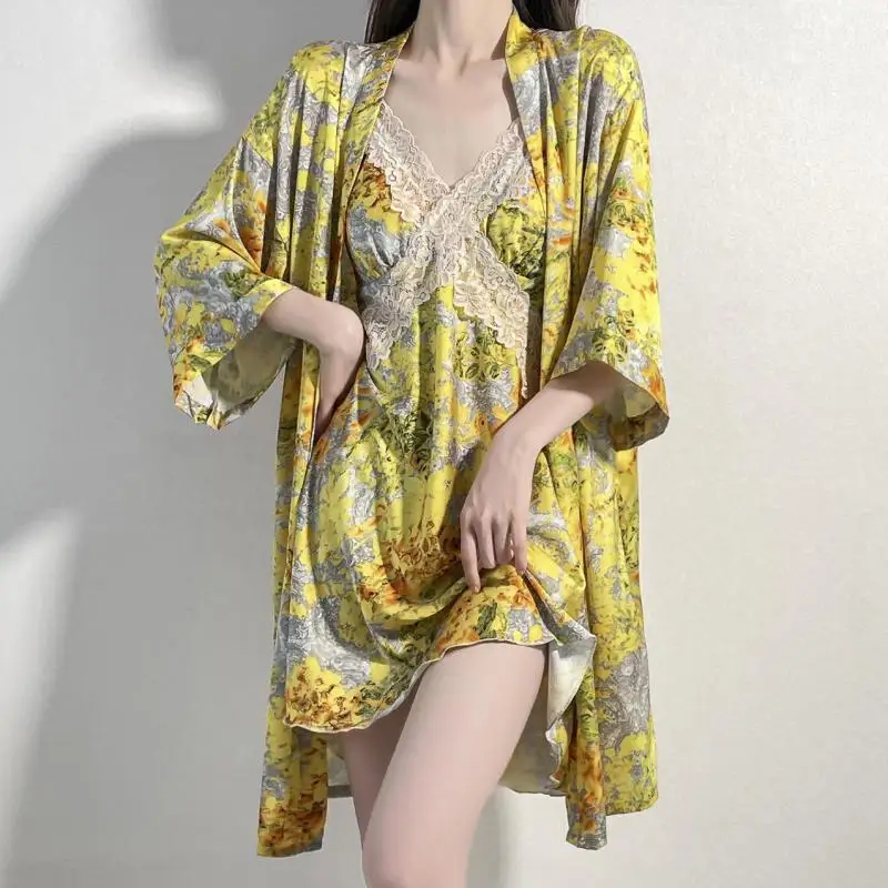 

Sexy Flower Kimono Bathrobe Sleep Suit Women Satin Nightgown Lace Robe Gown Set Loungewear Casual Summer Sleepwear Lingerie