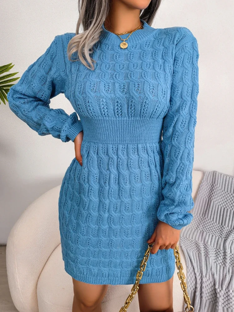 

2023 Autumn Winter Women Casual Long Sleeve Knitted Sweater Dress Casual Fried Dough Twists Waist Wrap Hip Dress Skirt Y2K