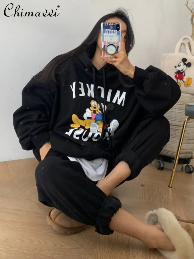 Long Sleeve Cartoon Printed Pullover Sweatshirt Women's Fall Winter Hooded Velvet Padded Loose Top Leisure Sweatpants Suit