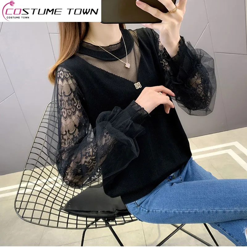 

Spring New 2023 V-Neck Lace Hollow Sweater Women's Korean Version Loose and Fashionable Versatile Knitted Underlay Thin