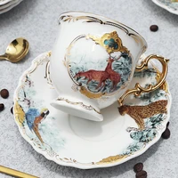 newest arrival porcelain coffee cup set jungle animal and saucer bird monkey style gold bone china tea