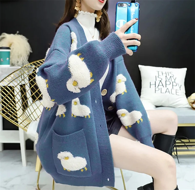 Зимний женский однобортный Кардиган оверсайз свитер корейский Свободный