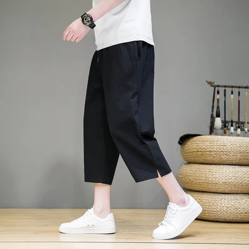 Лето 2023 новые мужские повседневные брюки длиной 7/2 свободные из хлопка и льна