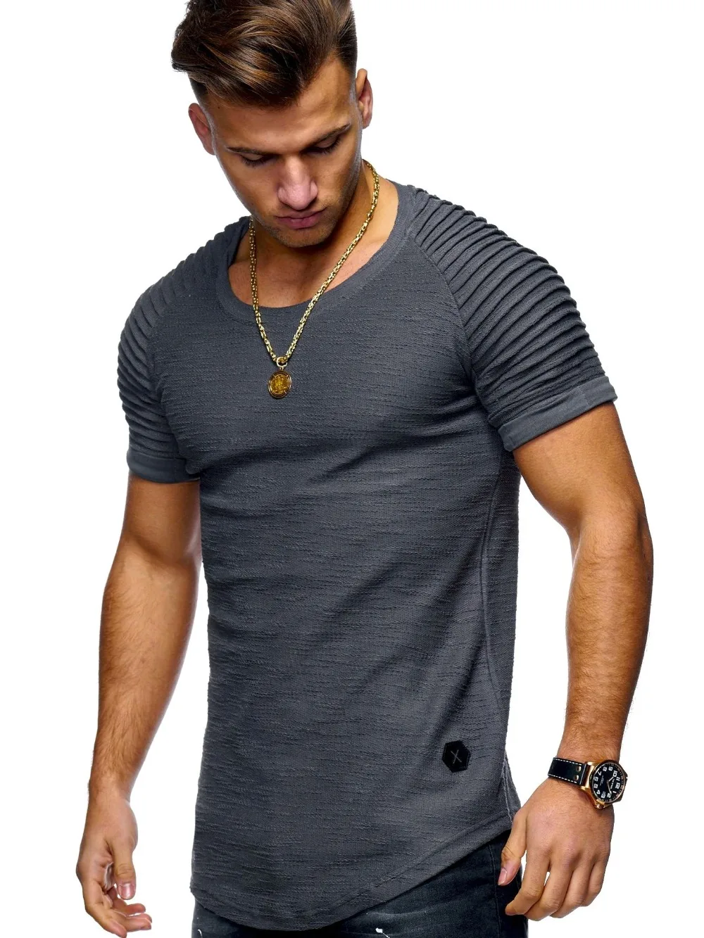

Мужская летняя футболка с коротким рукавом, Корейская версия мужской удлиненной рубашки с круглым вырезом, солидная одежда, 2849