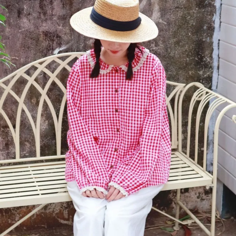 Johnature весенняя новинка милый женский литературный кукольный воротник клетчатая