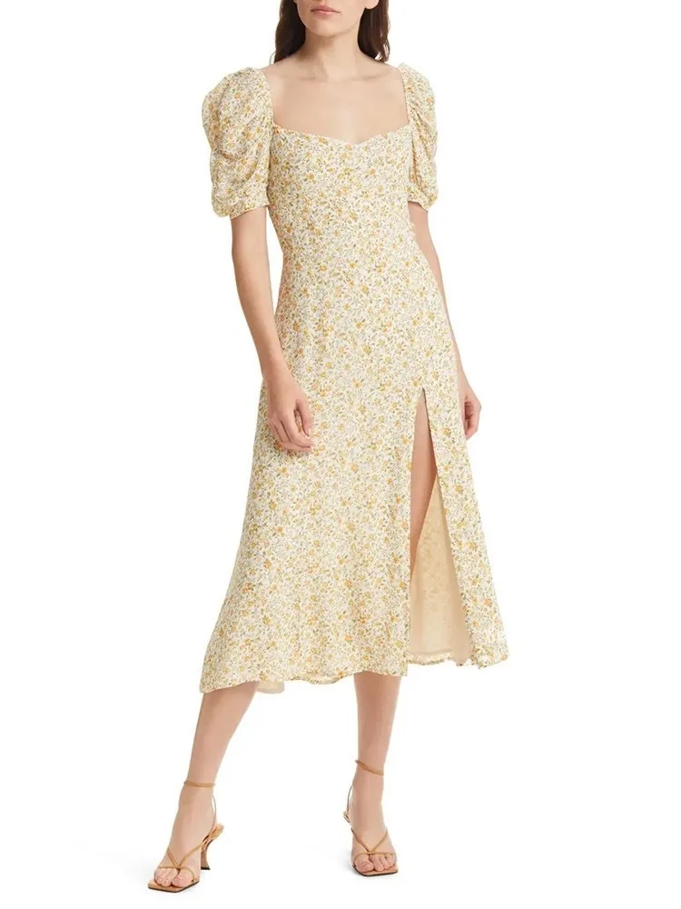 

Женское платье с цветочным принтом, приталенное плиссированное платье с рукавами-фонариками, квадратным вырезом и молнией сзади в сельском стиле на лето