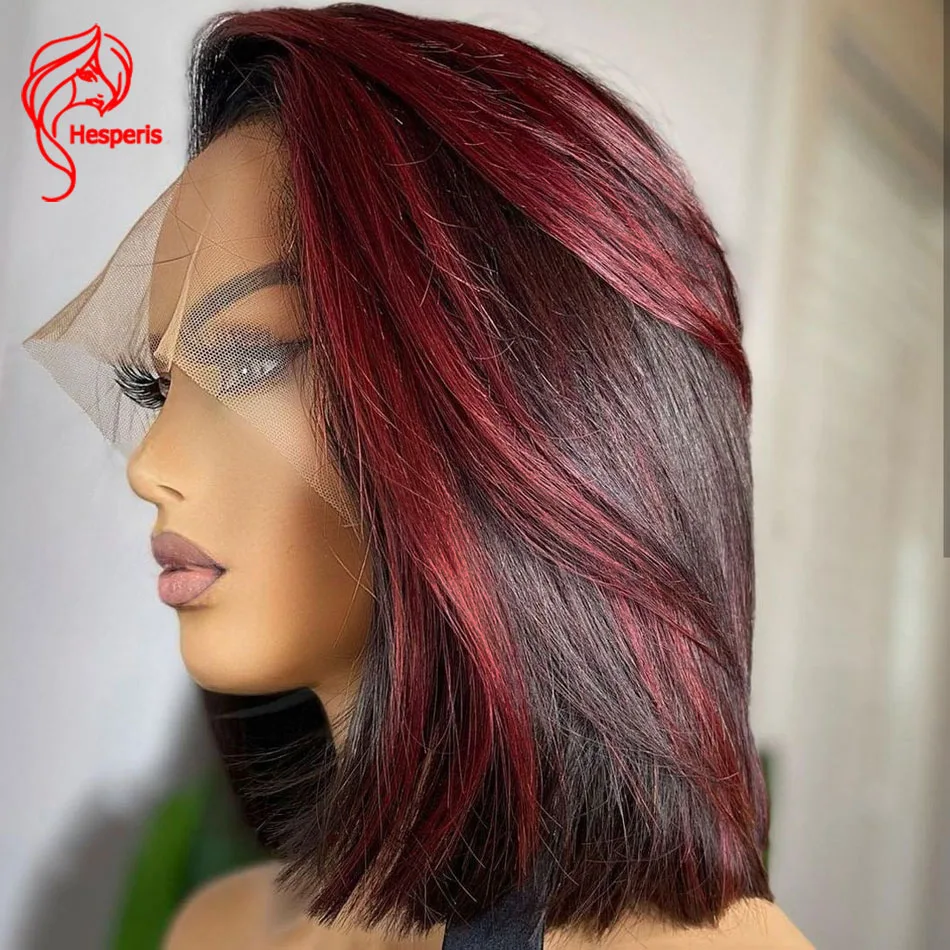 Hesperis 99J Short Wig Human Hair Brazilian Remy Hair Red Bob Cut Lace Claosure Wigs For Black Women Burgundy Highlight