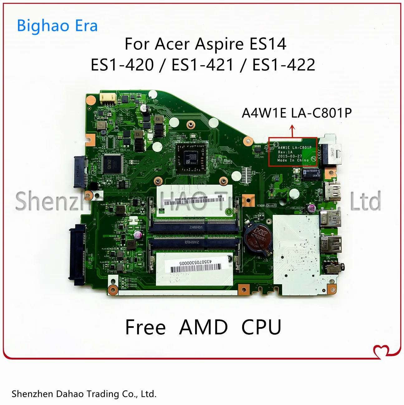 For Acer Aspire ES14 ES1-420 ES1-421 ES1-422 Laptop Motherboard With AMD CPU DDR3 A4W1E LA-C801P Mainboard 100% Fully Tested