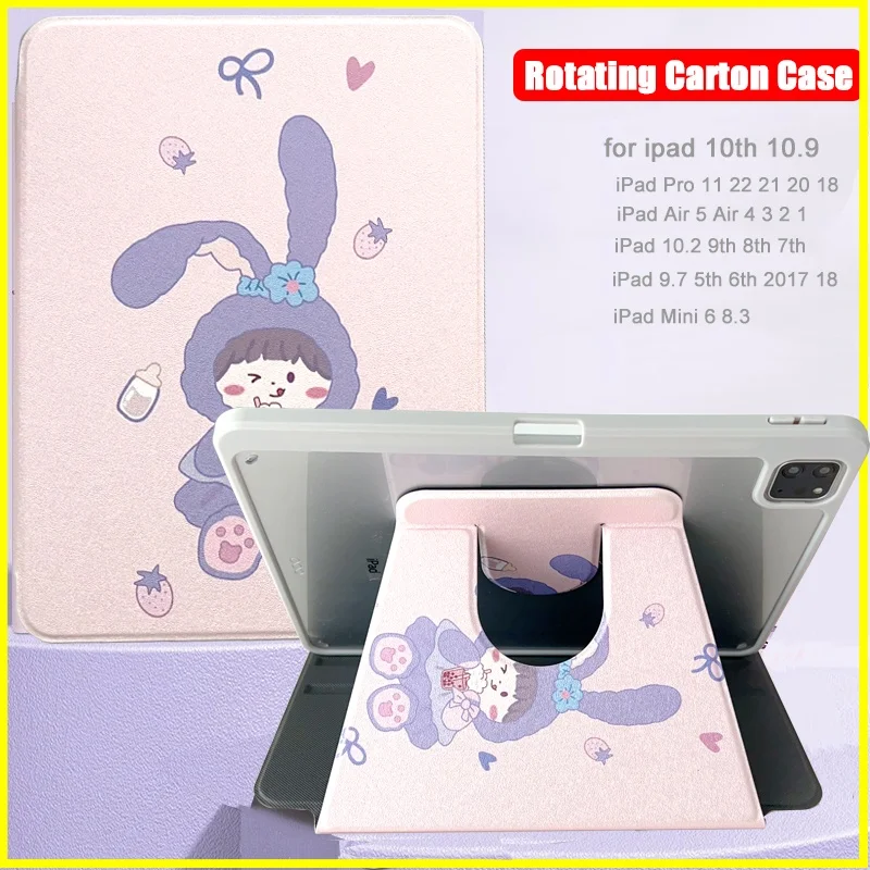 360° Rotatable Cute Rabbit Cartoon Case for iPad Pro 11 2022 2021 Air 5 4 3 9.7 5th 6th 10th 10.9 10.2 9th 8th 7th 10.5 Mini 6