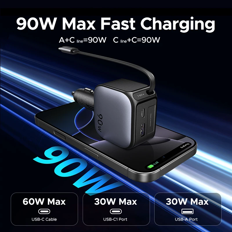 Фото UGREEN USB Type-C Автомобильное зарядное устройство PD145W 90 Вт 60 Вт Выдвижной кабель PD SCP AFC PPS Быстрая зарядка для планшета iPhone Samsung Xiaomi №5