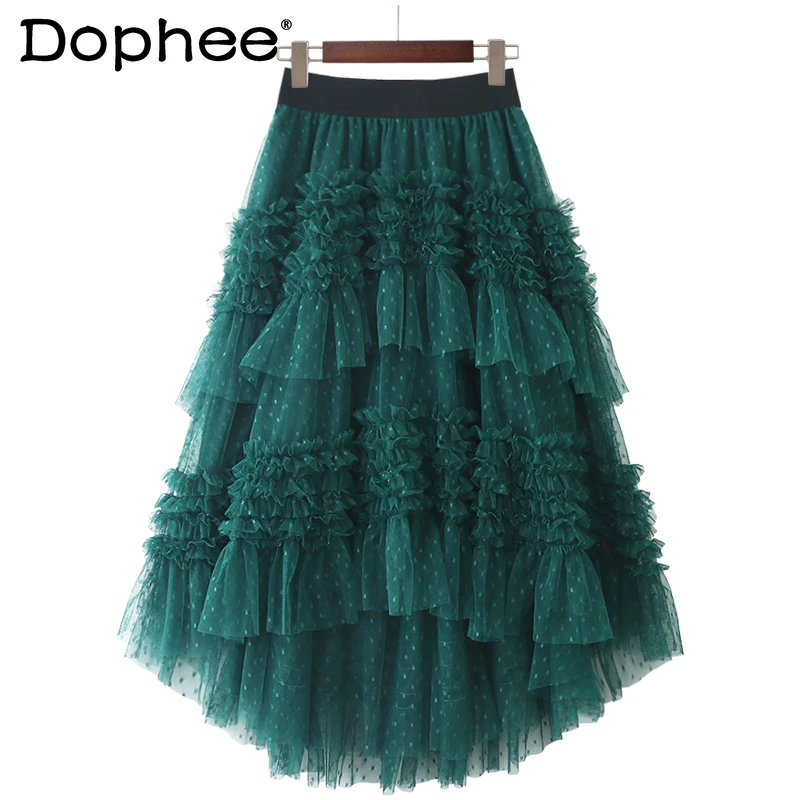 

Irregular Princess Mesh Long Skirt Women Sweet Ruffles Mid-Length Pleated Skirt 2022 Spring Summer New Loose Umbrella Faldas