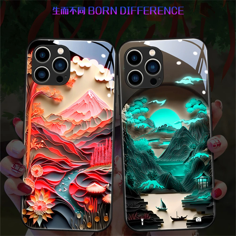 

Pretty Mount Fuji Luminous Glass LED Phone Case For OPPO Reno 3 4 5 6 7 8 9 Pro Plus Find X5 Call Light Flash Up Control Cover
