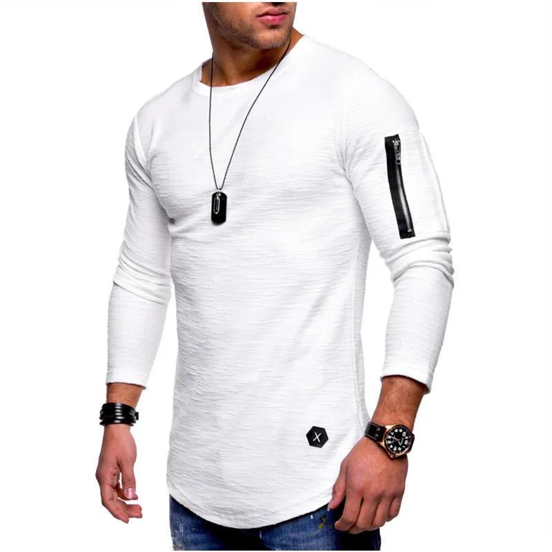 

Akatsuki Mens Solid Color T Shirt Autumn New Long Sleeve White T-shirt Men Fashion Arm Zip Up Slim Fit Man Tee Shirts Homme Ropa