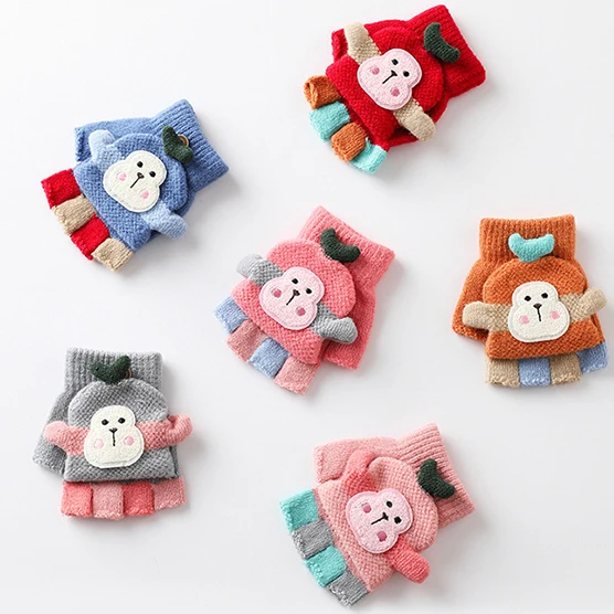 

Милые теплые мягкие вязаные варежки с Обезьянами для девочек и мальчиков, внутренние и наружные перчатки, Детские Зимние перчатки без пальц...