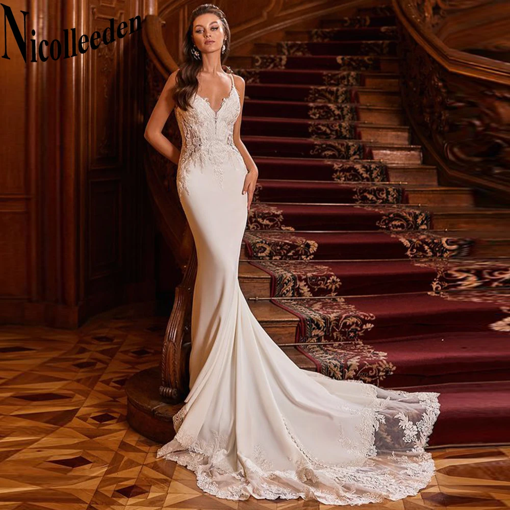 

Nicolle Fashionable Backless Sleeveless Trumpet Chiffon Wedding Dresses Appliques Button Pleat Vestido De Casamento Customised
