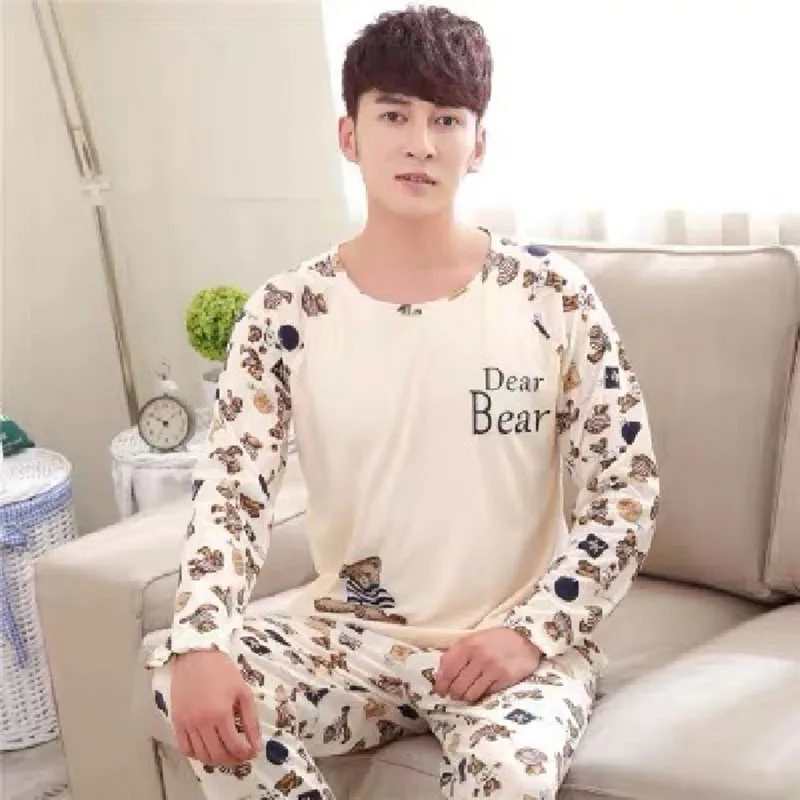 OnMelo Men Pajamas Set Stripe Lattice Letter Print Top+Pants Comfy Nightwear Set Soft O-neck Long Sleeve Casual Homewear