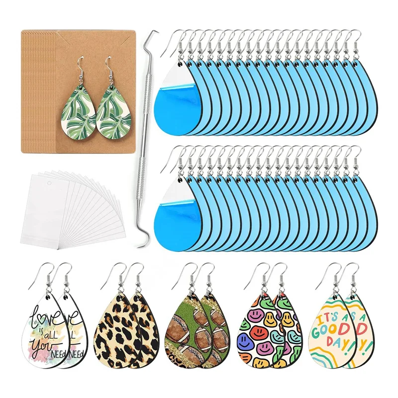 

Sublimation Earring Blanks Bulk - 50 Piece Wood Earring Blanks with Blue Protector - Unfinished MDF Teardrop Earrings