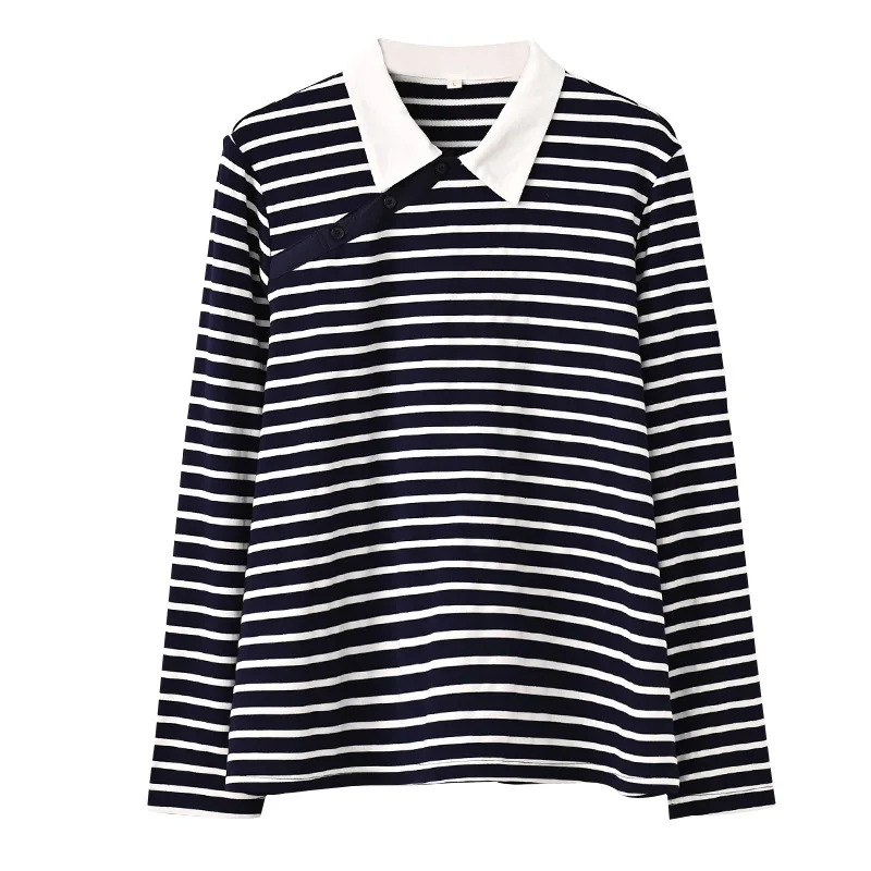 

Striped Sweatshirt Terry Long Sleeve Cotton Contrast Collar Tops Clothing Autumn