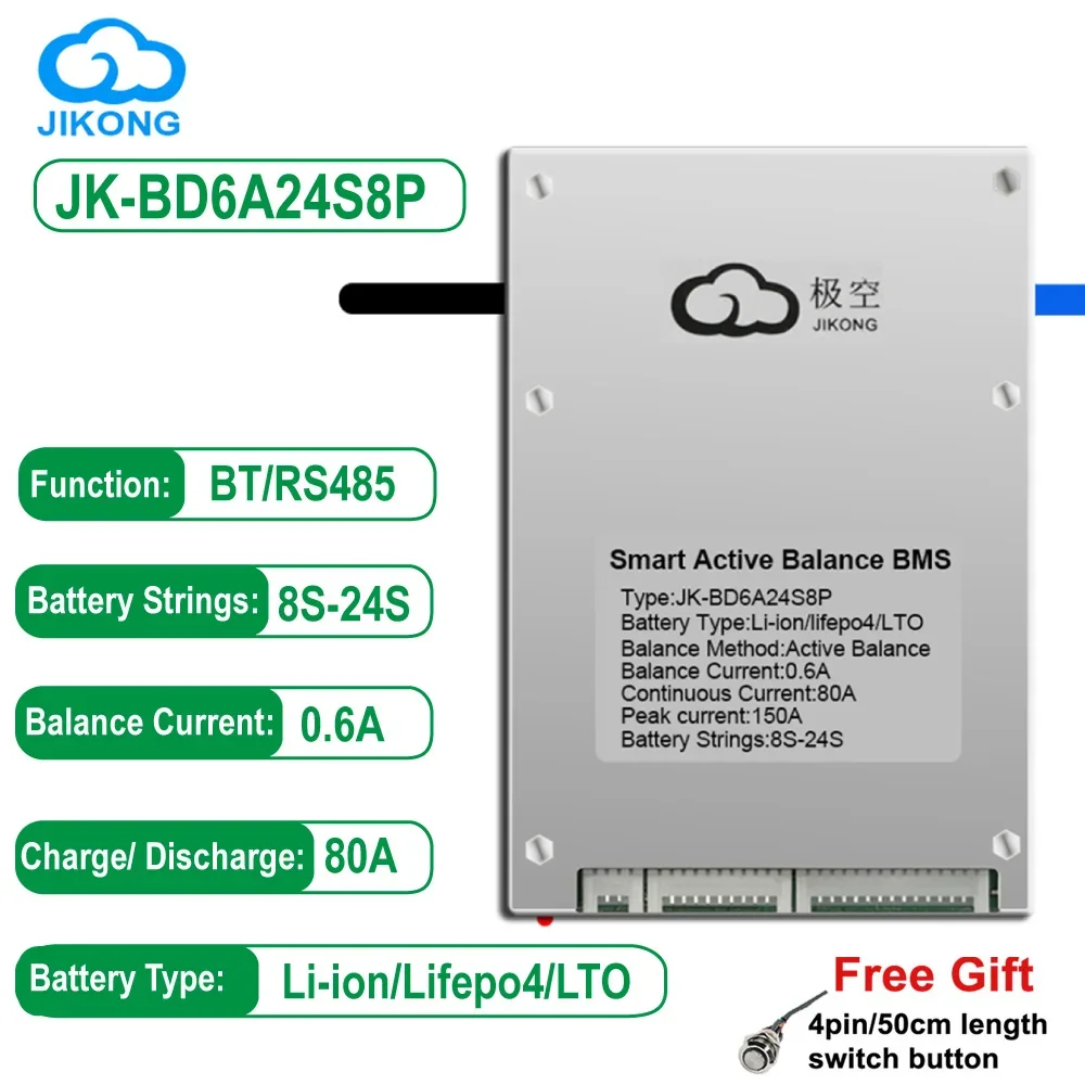JK BMS JK-BD6A24S8P Smart 0 6 Активный баланс 8S 9S 10S 12S 16S 20S 24S Ток непрерывного разряда 80A Lifepo4