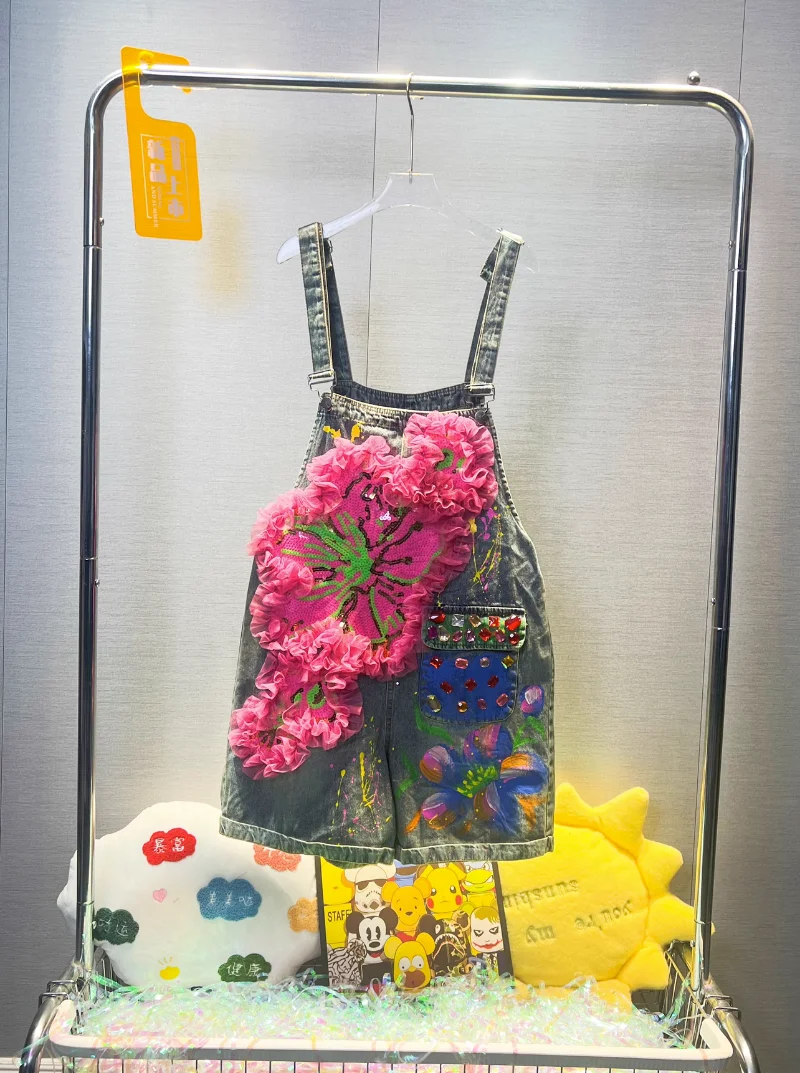 European Goods 2023 New Fashion Heavy Embroidery Sequins Flower Denim Suspender Pants Women's Design Loose Wide-Leg Pants Summer