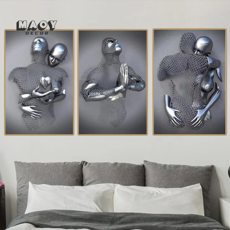

Metal Figure Statue Frame Canvas Painting Lover Sculpture Posters Prints Modern Couples Wall Art for Living Room Decor Cuadros