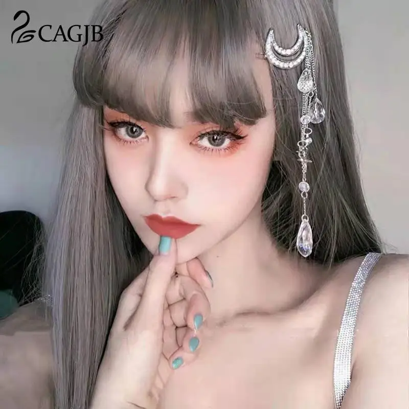 

Elegant Women Hair Bands Lady Moon Rhinestone Crystal Tassel Long Chain Beads Dangle Hairpin Hair Clips For Girls