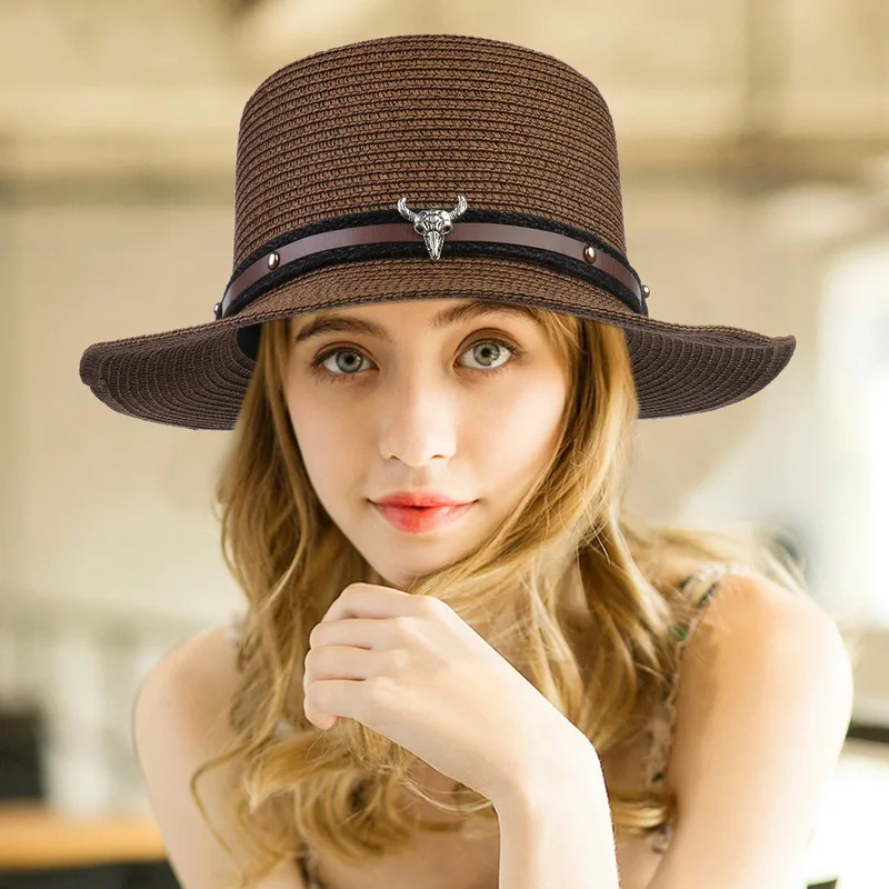 Women Straw Sun Hat Mens Cowboy Style Garden Caps UPF 50+ Wide Brim Summer Hat