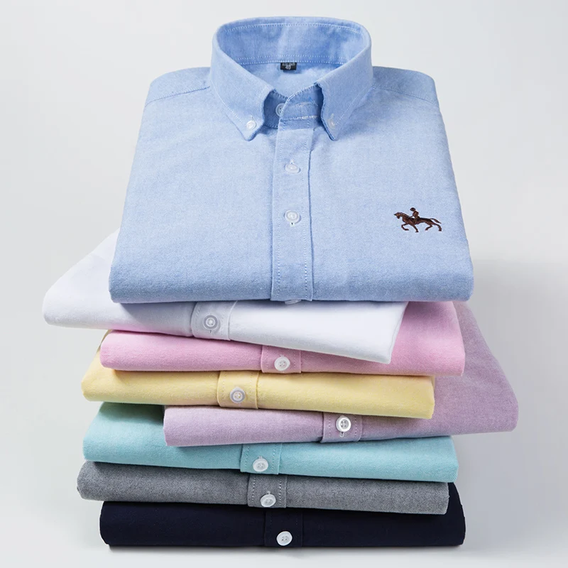 

2023 Pure Cotton Oxford Embroidered Horse Casual Without Pocket Solid Shirt Men's Long Sleeve Dress Shirt Men Plus Size
