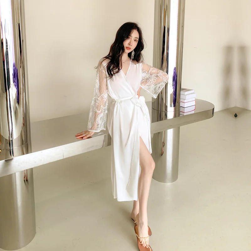 Pajamas Women's Summer Cool Ice Silk Pajamas Palace Style Lace Long Xianqi Morning Robe Home Fury