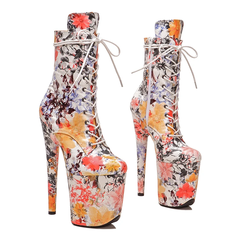 Leecabe  20CM/8inches flower pattern upper ankle platform Pole Dance boot