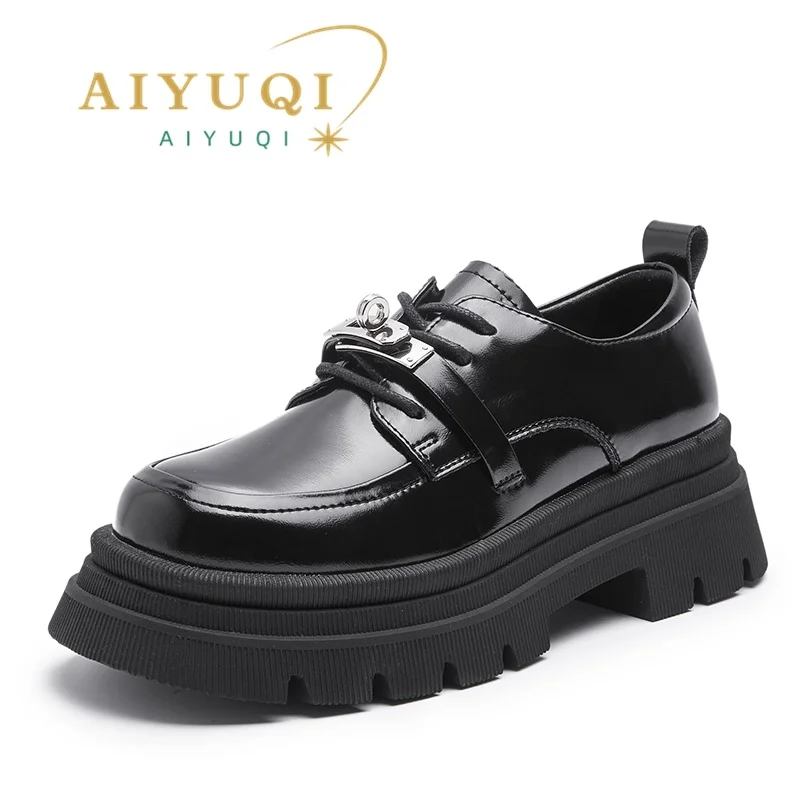 

New Genuine Leather Shoes Women Platform 2023 Spring New British Style Women Loafers Lace-up Fashion Student Shoes Women