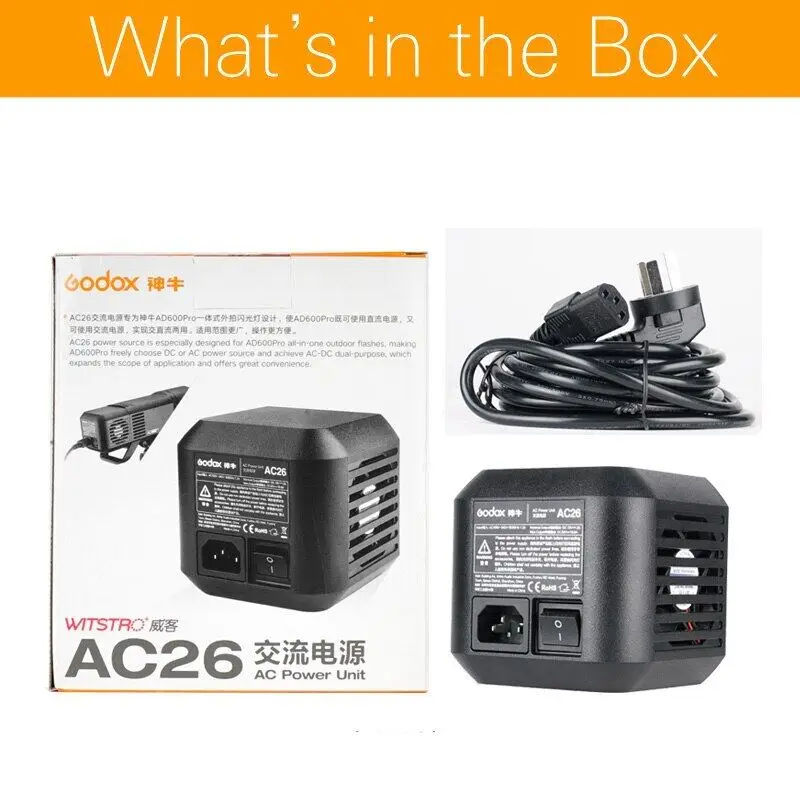 

Блок питания переменного тока Godox AC26 с кабелем для внешней вспышки AD600PRO