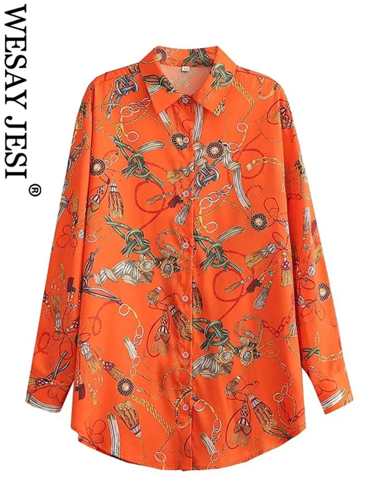 

WEASY JESI Ослепительная модная однобортная рубашка с длинным рукавом шикарная Китайская традиционная рубашка с узлом и оранжевым принтом Длин...