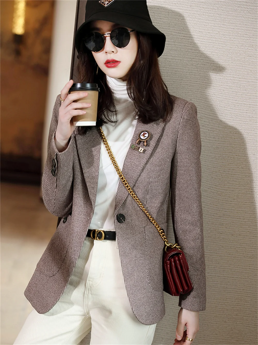 Women Blazer Yellow Brown Gray Pink Female Casual Long Sleeve Single Button Slim Coat Ladies Business Work Wear Formal Jacket