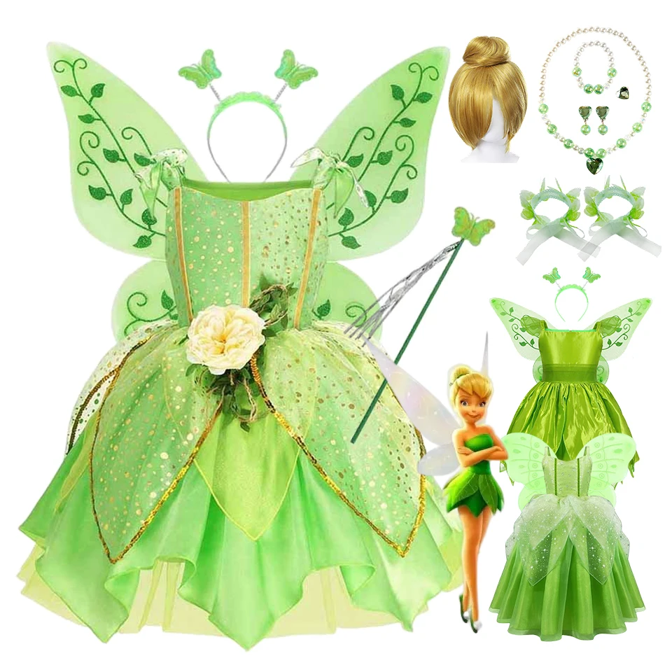 

Disney Girls Tinker Bell Costume Kids Green Fairy Princess Tinkerbell Fancy Dress Birthday Party Halloween Cosplay Outfits 2-8Y