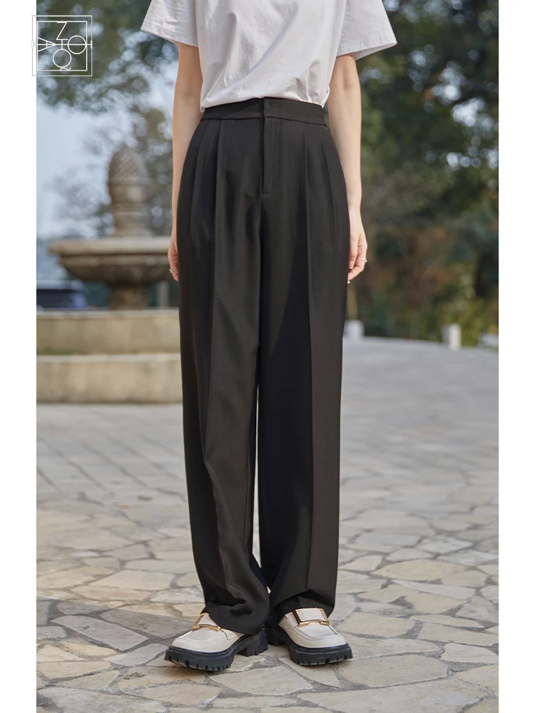 

ZIQIAO High Waist Full Length Black Suit Trousers Button Waist Straight Casual Office Lady Solid Pleated Design Spring Pants