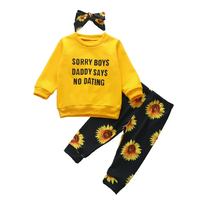 

0-3Y Newborn Kids Baby Girl Clothes Sets Letter Shirts Sunflowers Sequins Flares Pants Headband 3Pcs Autumn Summer Girl Outfits