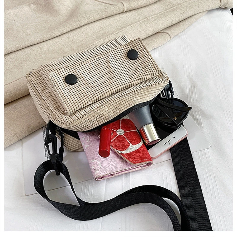 Popular Retro Corduroy Crossbody Bag Sling Shoulder Bags Girls Phone Purse Casual Zip Tote Small Square Bag for Ladies