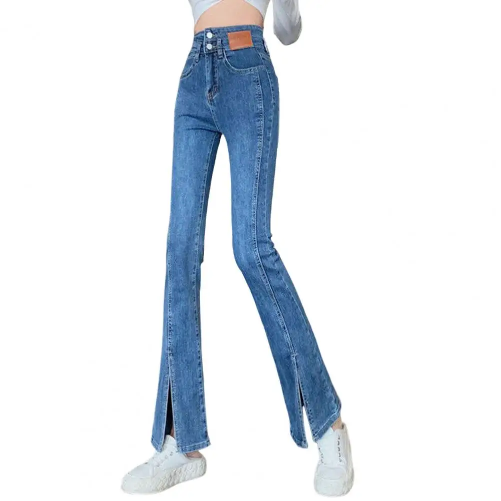 

Spring Autumn Stretch Pencil Denim Pants Solid Color High Waist Flared Split Jeans Korean Style Skinny Tight Trousers Streetwear