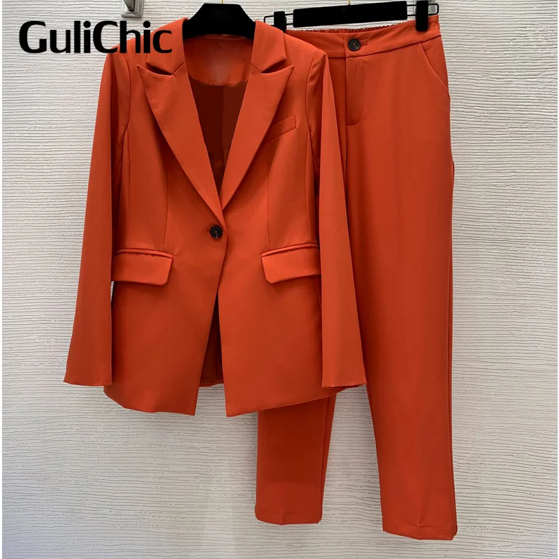 

Женский брючный костюм GuliChic 9,11 года, пиджак с одной пуговицей и воротником с лацканами и брюки до щиколотки с эластичным поясом