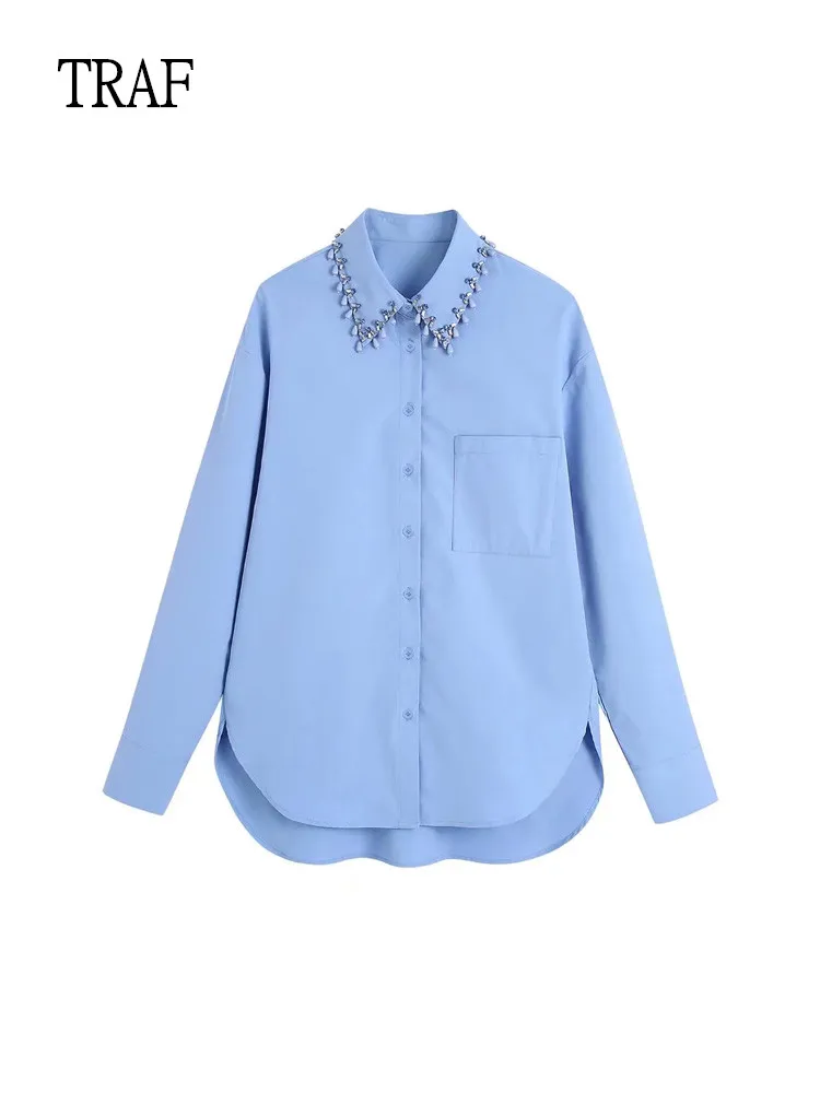 

TRAF Women Shirt Summer Fashion Jewelry Button Shirts Woman Lapel Long Sleeves Office Lady Elegant Blouses And Shirts Top Female