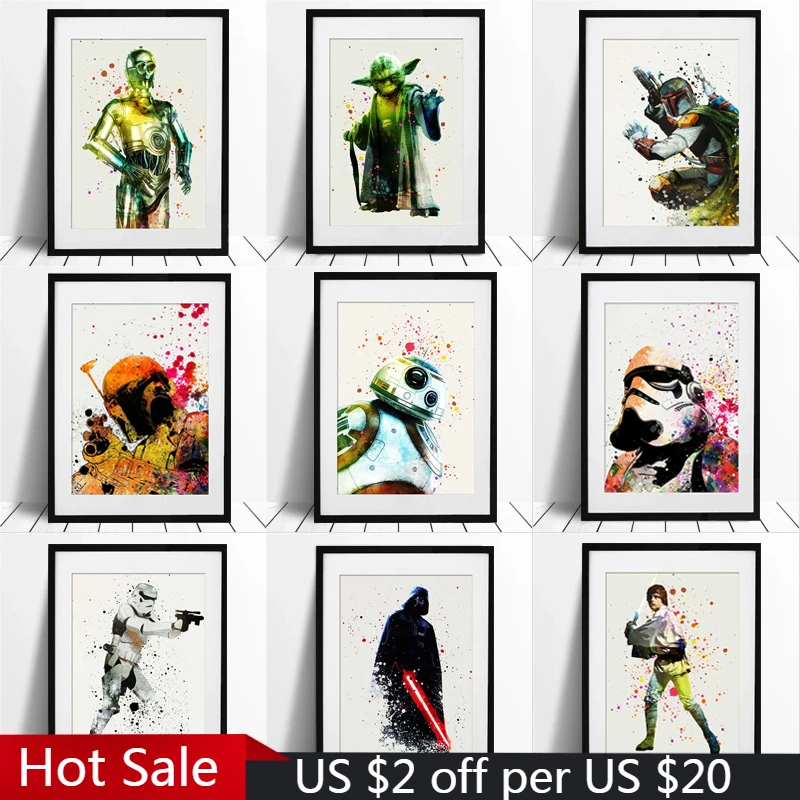 Картина на холсте Звездные войны Постер йода Боба Фетт акварельный персонаж