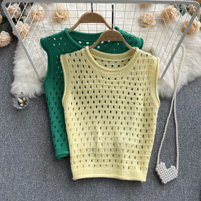 

Женский трикотажный пуловер, повседневный свободный Универсальный свитер без рукавов, с вырезами, лето 2022