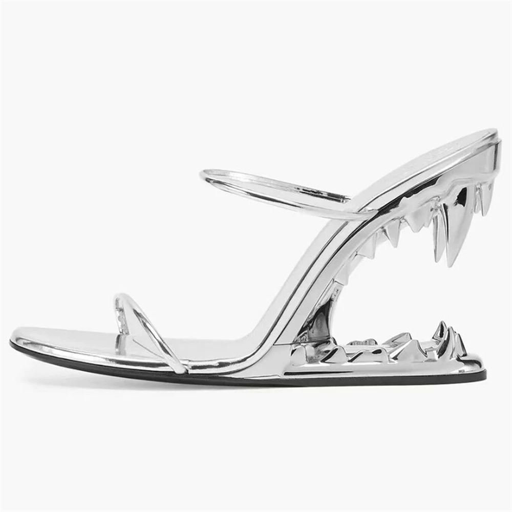Women Gold Fretwork Teeth Heels Sandals Double Thin Strap Lady Summer New Toothed Shark Mouth High Heel Slippers Round Toe Shoes